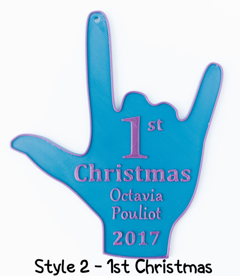 Dark teal with Magenta text ILU hand ornament