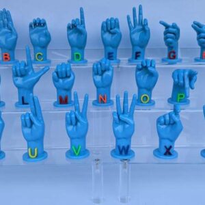 3D printed ASL hands Alphabet set in sea blue with rainbow alternating color letters
