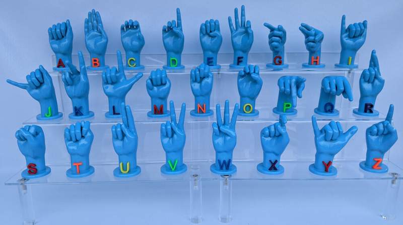 3D printed ASL hands Alphabet set in sea blue with rainbow alternating color letters