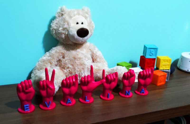 ASL hands on bookshelf in front of teddy bear